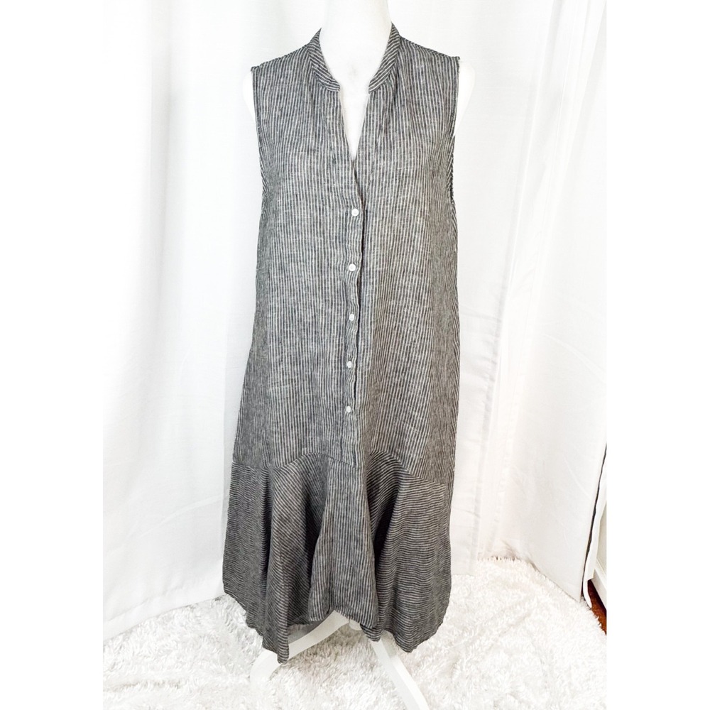 Soft Surroundings 100% Linen Dress XL Gray Striped Sleeveless Lagenlook EUC